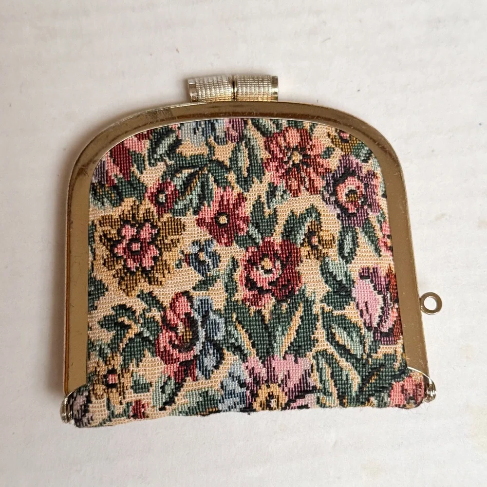Vintage Floral Tapestry Coin Purse Kiss Lock Gold Tone Dual Compartment Mini Bag